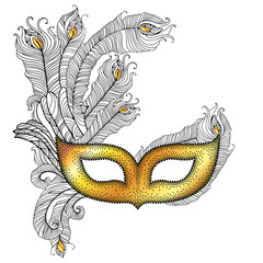 Gold Venetian carnival mask Colombina with outline peacock feathers in black isolated on white background. Traditional attribute for masquerade. Decoration element in dotwork style.