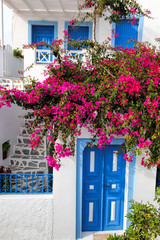 Traditional greek house with flowers in Oia village on Santorini island, Greece