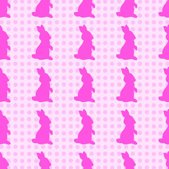 Hand-drawn illustrations. Pink bunny on a polka dot background. Seamless pattern.