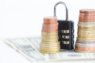 Secure your savings concept with cipher lock and money 