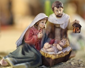 Nativity scene jesus child with Mary and Joseph with the lantern