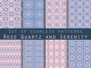 Set of seamless patterns. Rose quartz and serenity violet colors. The pattern for wallpaper, tiles, fabrics and designs. Vector illustration.