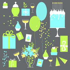 Vector set of decorative elements birthday party. Flowers, gifts, cake, cards, cupcakes, sweets, balloons