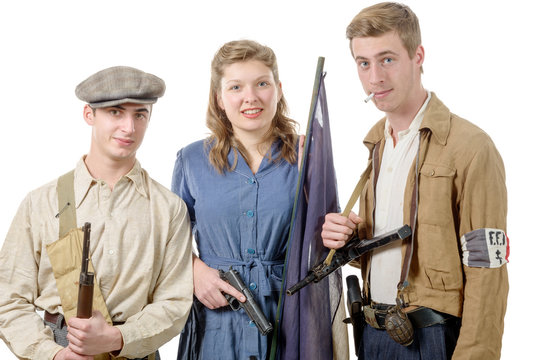 three young French Resistance, vintage clothes and weapons, reen
