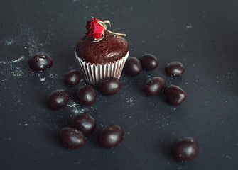 Chocolate muffins on dark background