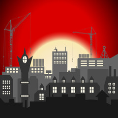 Industrial European vintage styled city under construction on bright red sunset background. Vector illustration