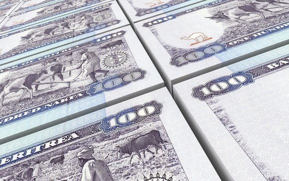 Eritrean nakfa bills stacked background. Computer generated 3D photo rendering.