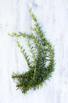  Fresh rosemary on a white wooden background