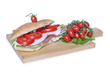 Sandwich with tomatoes, mozzarella and salad