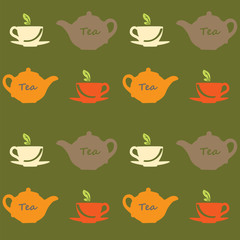 Seamless vector pattern with tea pots and tea cups