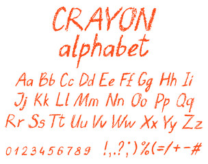 Crayon child's drawing alphabet. Pastel chalk font. ABC drawing letters. Kids drawn red characters. Vector.