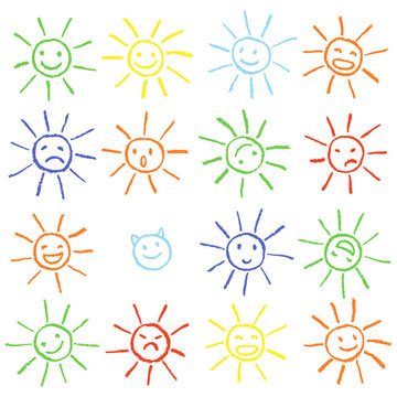 Colorful crayon chalk funny sun with smile. Colorful pastel chalk hand drawn set of happy, glad, happy, angry, sad, faces suns. Many cute suns.