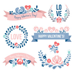 Valentine’s day floral elements set, vector illustration