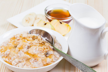 Breakfast (with Bircher Muesli, Fruits, Milk and Honey)