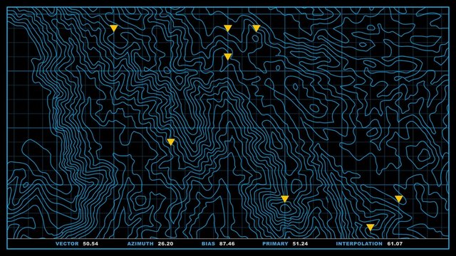 A looping display screen shows a topographic elevation map, a grid overlay and constantly updated location markers. 