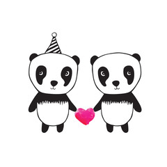 Two little cute pandas with pink watercolor hearts. Greeting card for Valentine's Day, Mother's Day, Father's Day, birthday, wedding.