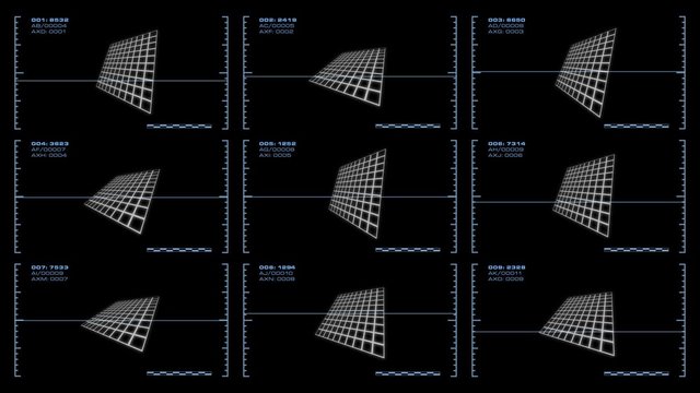 A looping, display screen shows a modular array of similar panels, each of which indicates changing data values. 