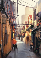 Obraz premium painting of narrow alleyway in old town