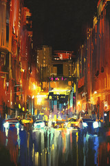 Obrazy na Plexi  nocne miasto w deszczu z odbiciami na mokrej ulicy, malowanie cyfrowe