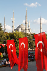 Blue Mosque Turkish flags view from M. Arkif Ersoy Sultanahment