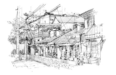 freehand sketch of old buildings in China