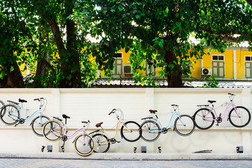 Fototapeta premium Bicycle wall with building background