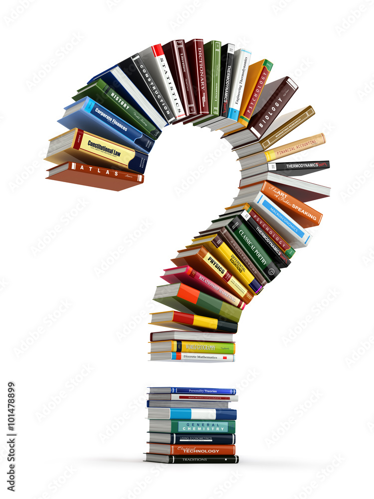 Poster Question mark from books. Searching information or FAQ edication