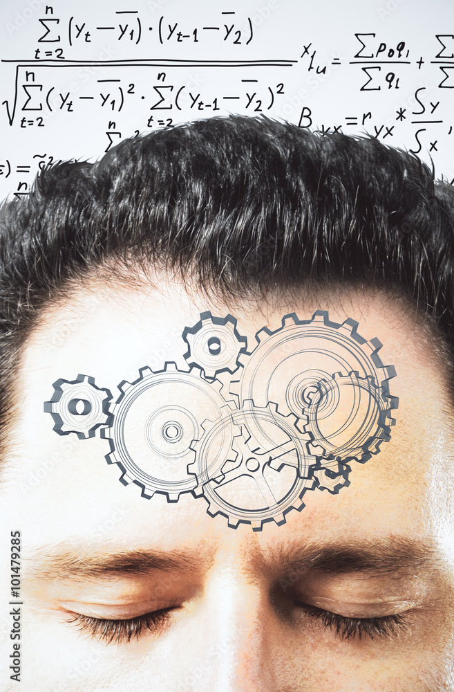 Poster thinking process concept with gears on man forehead at equations