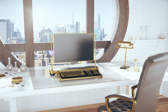 Steampunk style room with vintage typewriter and city view