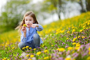 Adorable little girl in blooming dandelion flowers