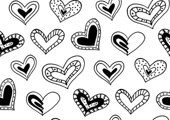 Seamless pattern with the hand drawn ink doodle hearts.