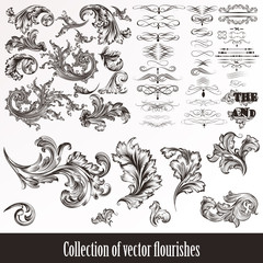 Collection of vector hand drawn flourishes in engraved style. Me
