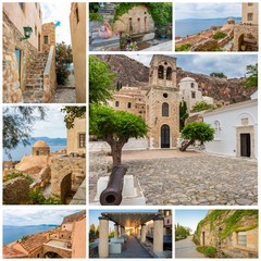 Collage of traditional stone houses and sights, Greece, Europe