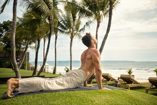 fit young man doing the cobra pose in nature