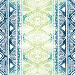 Seamless ethnic ornament. Watercolor texture. White and blue gra