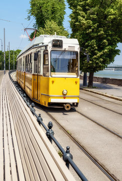 Traditional yellow tram in central Budapest