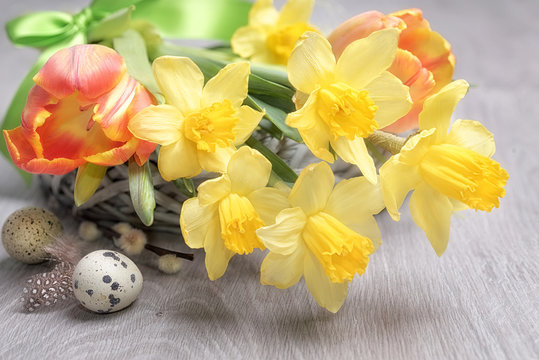 Easter flower arrangement with yellow daffodils