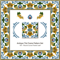 Fototapeta na wymiar Antique tile frame pattern set_187 Round Curve Flower Leaf 