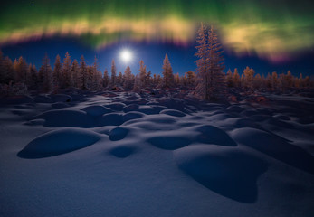 Aurora over the winter night landscape with forest, cliffs and moon 