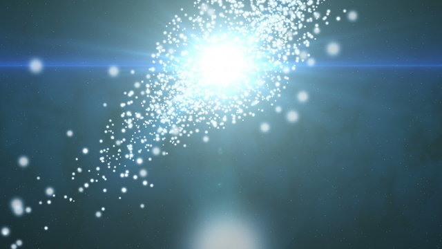 Galactic Center Stars (30fps). Deep in outer space, the camera falls through a cluster of stars orbititing a large super nova in the galactic center as bright sun light emits a lens flare.