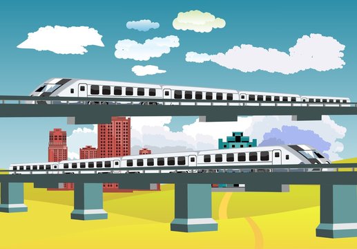 Trains on bridges, vector landscape, buildings on background, countryside. Clouds on sky