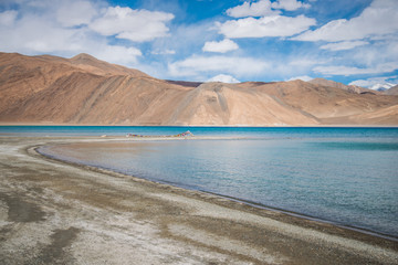 Fototapeta na wymiar LEH LADAKH ,INDIA - MAY 10, 2015 : Pangong Lake (Pangong Tso) ,Ladakh ,Jammu and Kashmir, India.