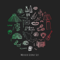 Hand drawn doodle Mexico set Vector illustration Sketchy mexican food icons United Mexican States elements Flag Maracas Sombrero Viva Mexico Maya Pyramid Aztec Tequila Agave Mariachi Poncho Guacamole