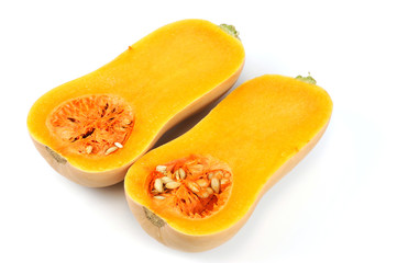 butternut squash cut in halves isolated on white background