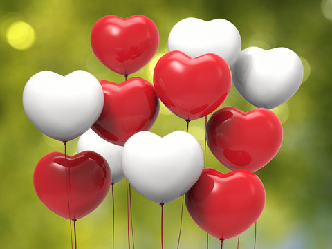 3d rendered bunch of heart shape balloons on greenery background