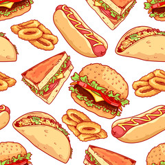 Seamless pattern of burgers, sandwiches, tacos, hot dogs and oni