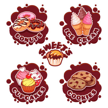 A set of labels for different sweets in the form of chocolate sp