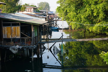 House on stilts. Views of the city's Slums from the river in Bangkok, Thailand.