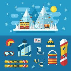 Ski Resort and Winter Activity Flat Pictograms