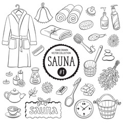 Sauna accessories sketch. Hand drawn spa items collection. Doodle bathroom objects isolated on white background.